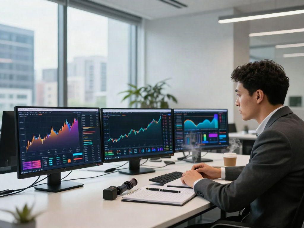 Professional analyzing market data at a vibrant office, embodying FintechZoom.com.