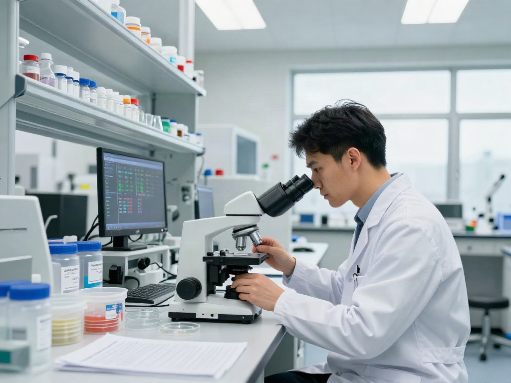 Scientist analyzing peptide samples in a lab, showcasing pepti prices comparison tools and high-tech equipment.