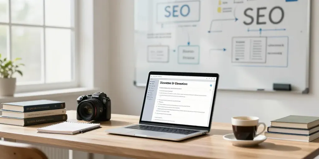 Content creator using an AI evergreen SEO content generator at a desk, showcasing a productive workspace.