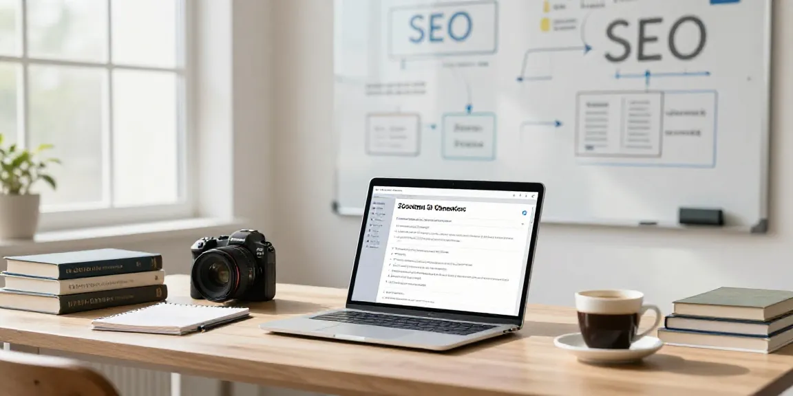 Content creator using an AI evergreen SEO content generator at a desk, showcasing a productive workspace.