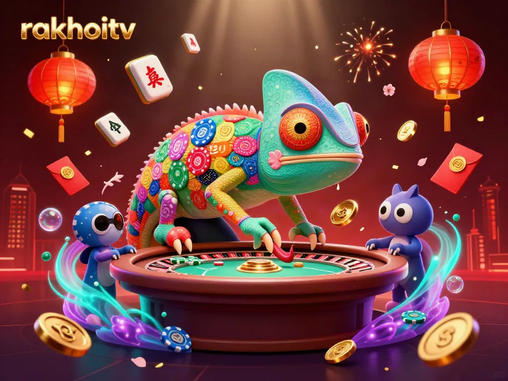 Experience rakhoitv with an engaging 3D chameleon casino owner amidst vibrant casino elements.