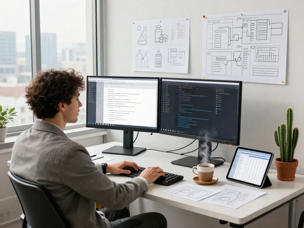 Founders collaborating on mvp development service with clear project blueprints in a modern office