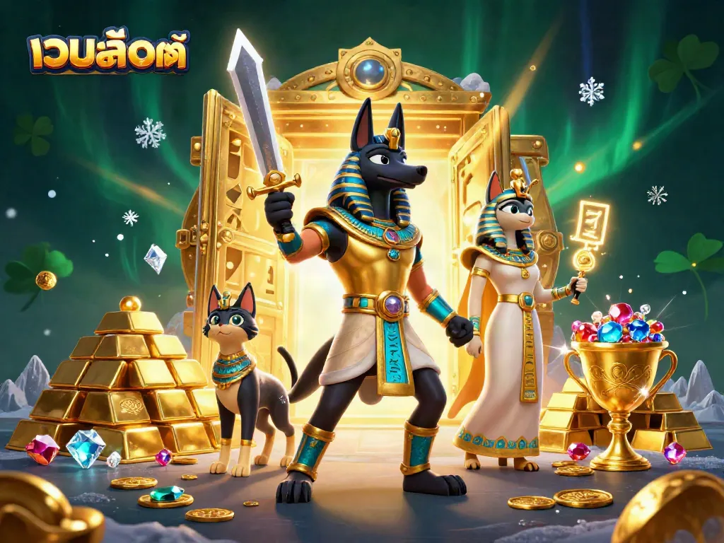 Engage with เว็บสล็อตแท้ as Anubis and Bastet uncover treasures in a vibrant casino scene.