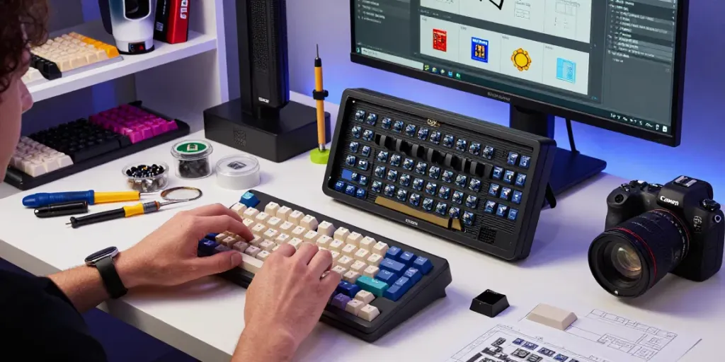 Creating a custom Wooting 60HE v2 case in a bright tech workspace