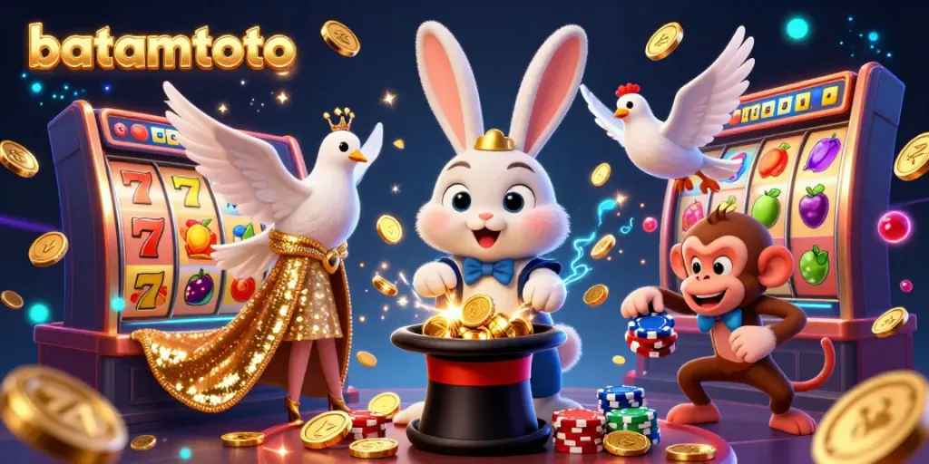 Experience the magic of batamtoto with a 3D illustration of a rabbit magician pulling coins and slot games.