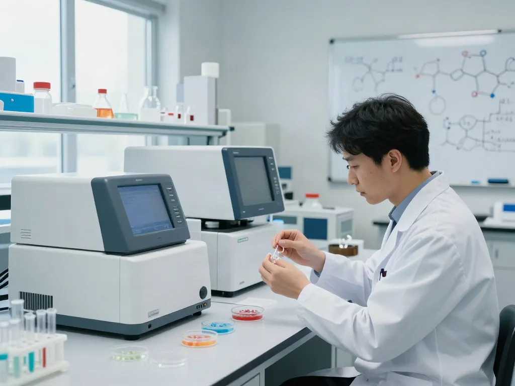 SwissChems lab environment with a scientist analyzing peptides in a modern research facility.