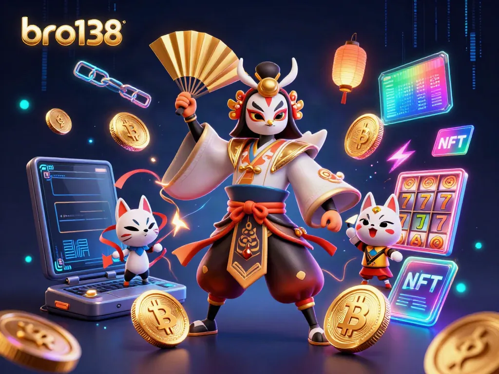 Experience the excitement of bro138 with vibrant 3D elements depicting a kabuki warrior in a dynamic casino scene.