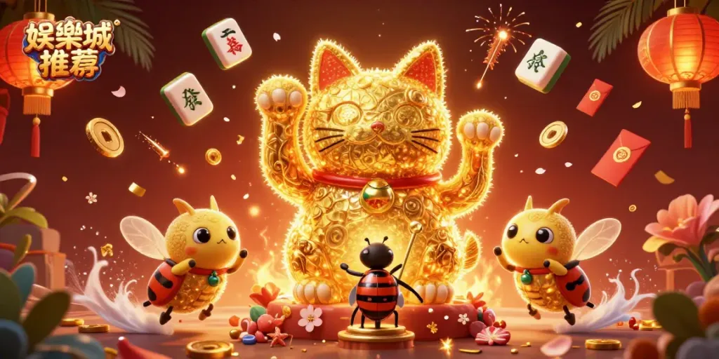 在娛樂城推薦中，觀看可愛的巨型幸運貓和金色蟲音樂指揮著閃閃發光的賭博元素。