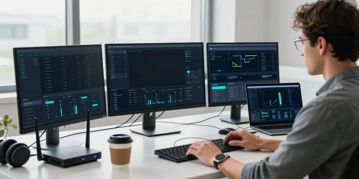 快连 network speed optimization in a modern tech workspace with dual monitors and gadgets.