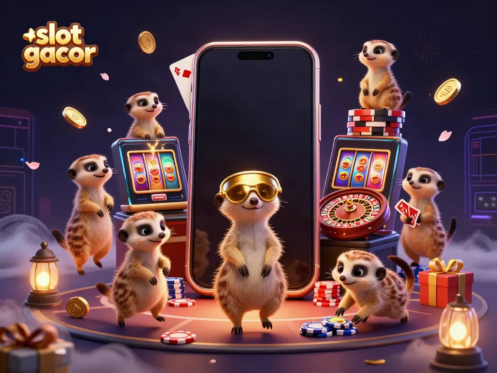 Experience a vibrant casino scene with slot gacor action featuring playful meerkats in an animated digital illustration.