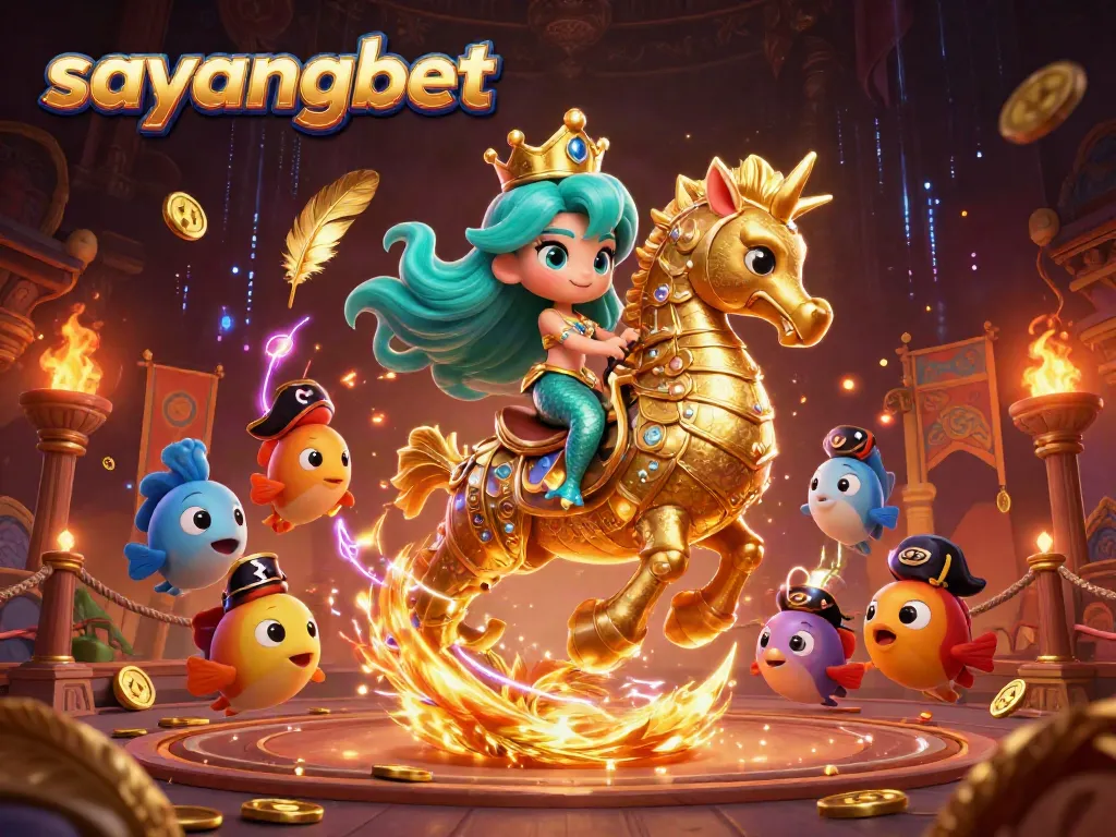 Experience the magic of sayangbet with a mermaid princess and her seahorse in this vibrant casino scene.