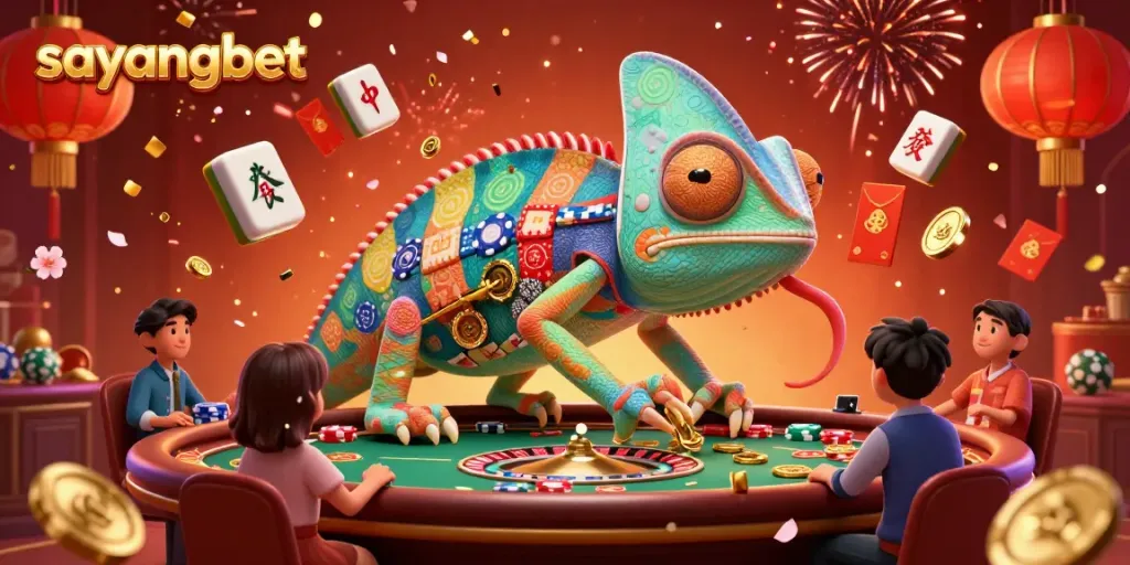 Experience the excitement of sayangbet with a vibrant chameleon casino owner surrounded by colorful gaming elements.