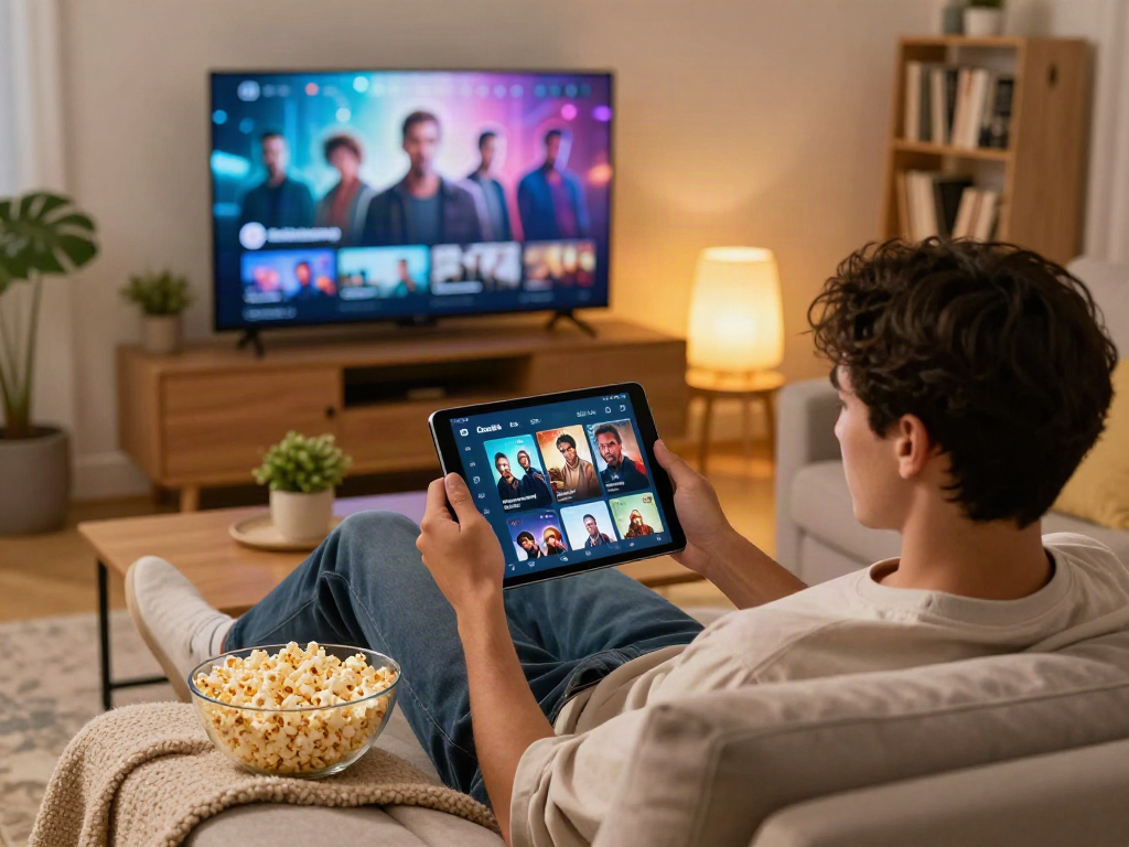 Relaxed movie streaming night with Cocoflix app on tablet.
