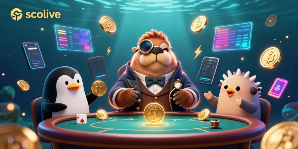 Experience the thrill of socolive with a jolly walrus, a sophisticated penguin dealer, and a pufferfish player in this vibrant poker scene.