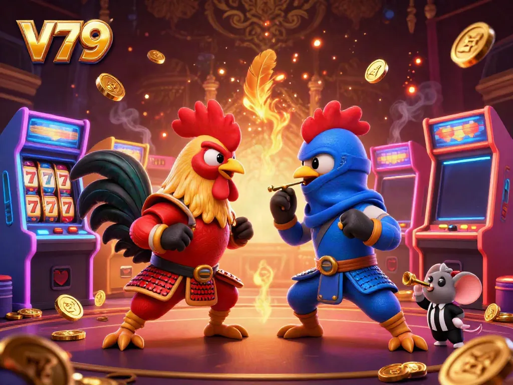 Engaging V79 casino scene with cartoon roosters battling amidst vibrant slot machines and gold coins