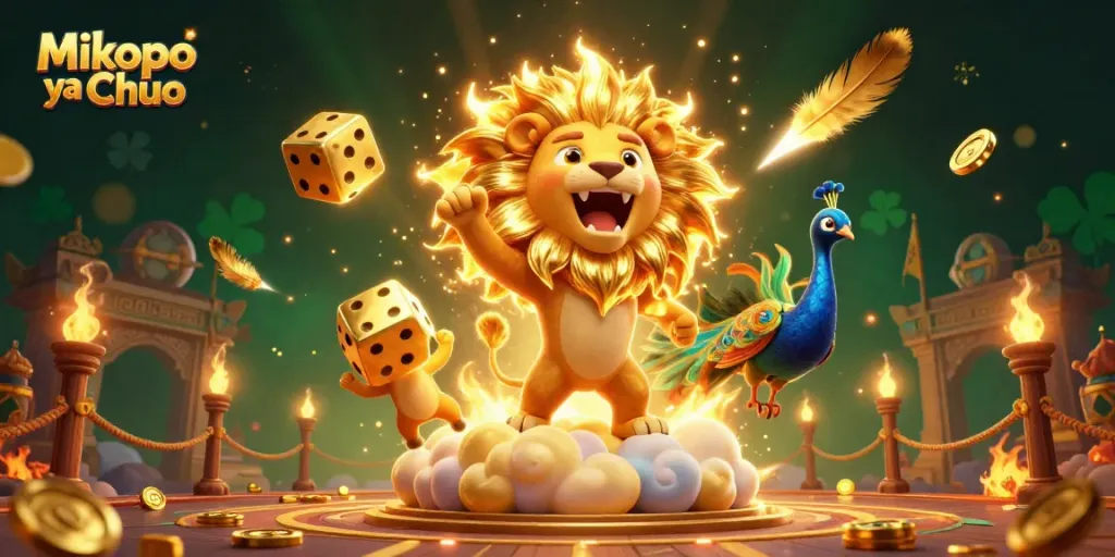 Engage in Mikopo ya Chuo with a triumphant lion and golden dice in an exciting 3D casino scene.