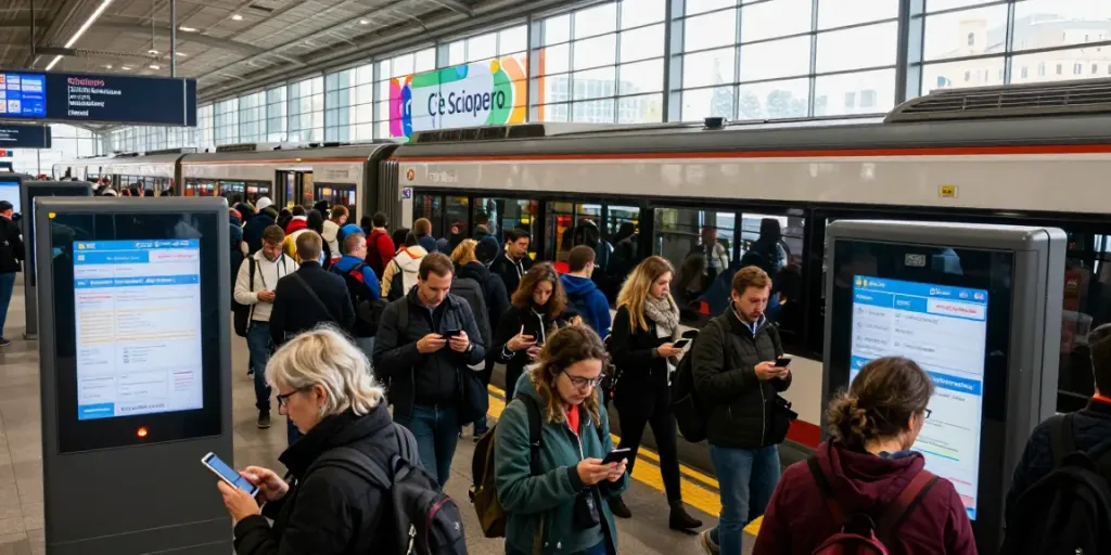 Commuters using smartphones for sciopero updates at a transit station.
