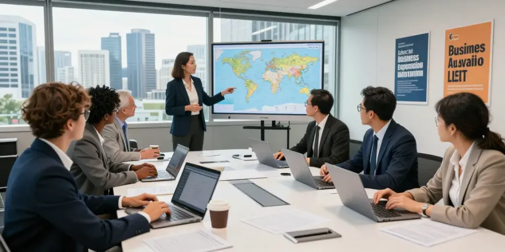 International business expansion into Australia discussed by a diverse team in a modern conference room.