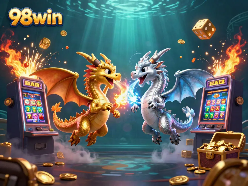 Experience the magic of 98win with gold and silver dragons battling in a vibrant, jackpot-filled casino environment.