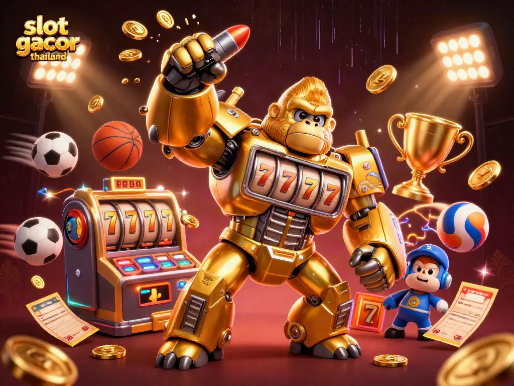 Engage with slot gacor thailand as you visualize a dynamic 3D scene featuring a golden gorilla mech and vibrant gaming elements.