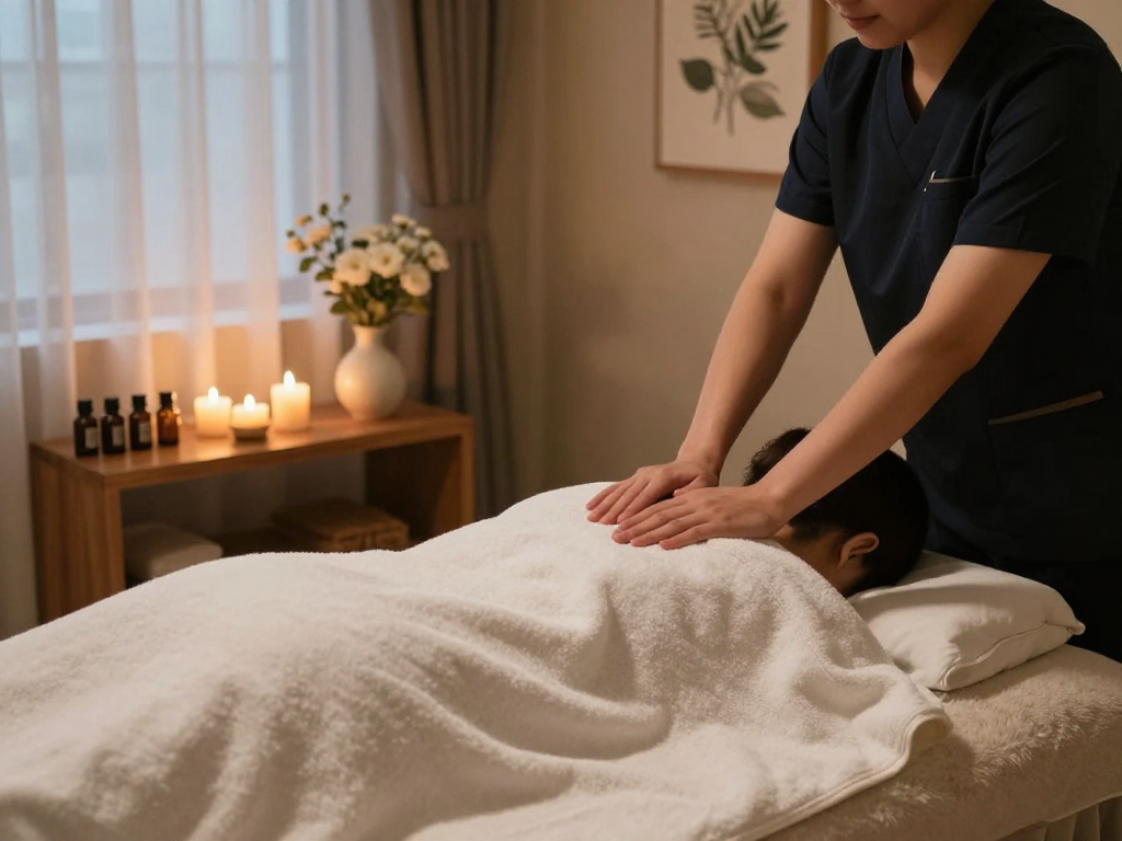 Tranquil massage scene highlighting 안산출장마사지 with soothing atmosphere, essential oils, and soft lighting.