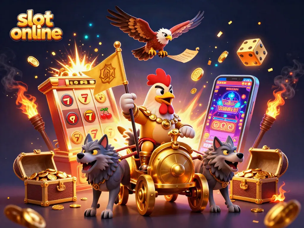 Engage in exciting slot online gameplay with a vibrant, action-packed scene featuring a golden chariot and jackpot explosion.