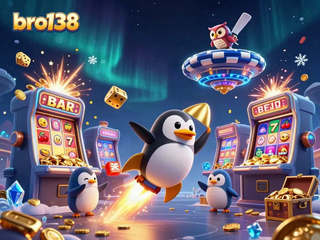 Experience thrilling gameplay with bro138, featuring a rocket-powered penguin delivering casino excitement among vibrant slots.