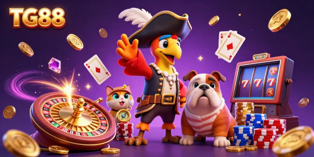 Experience thrilling adventures with TG88 as pirate characters are surrounded by sparkling gaming treasures.