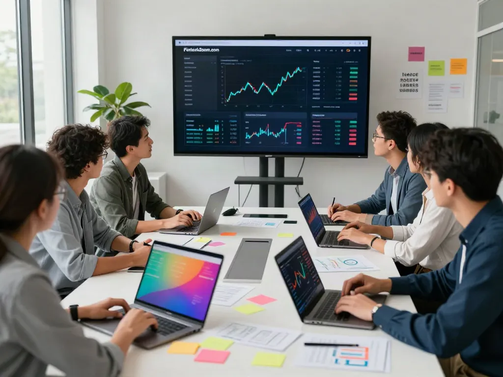 Engaging team analyzing financial trends using FintechZoom.com in a modern office setting