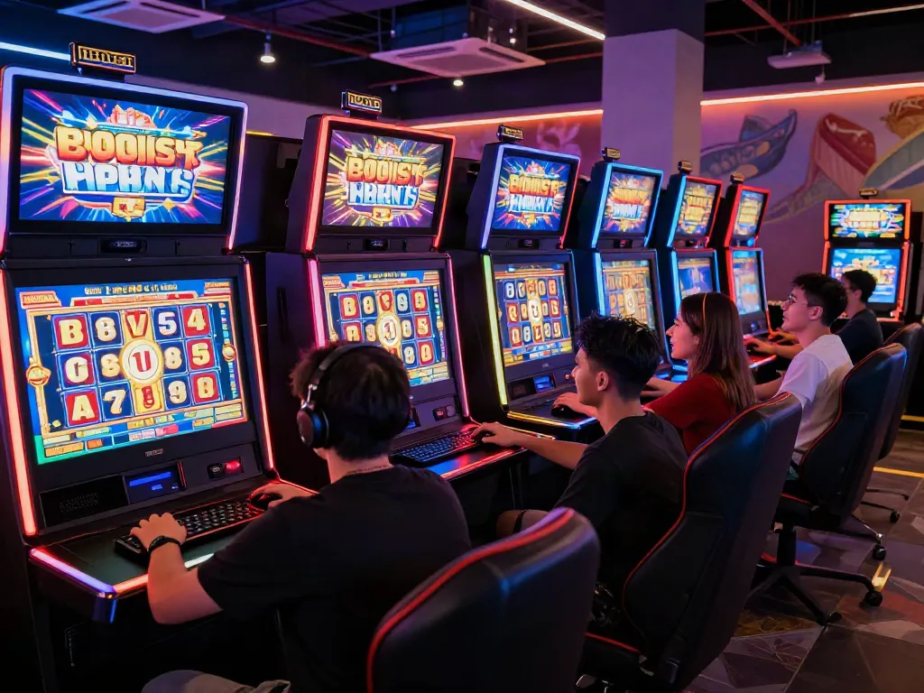 Excited players enjoying slot jackpot games in a vibrant gaming lounge atmosphere