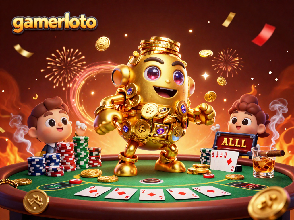 Experience thrilling action with gamerloto's vibrant poker scene featuring a golden golem and colorful chips.