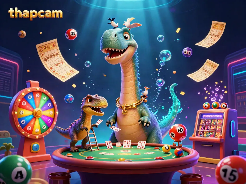 Engage with thapcam's thrilling casino scene featuring a playful dinosaur and dynamic gambling elements.