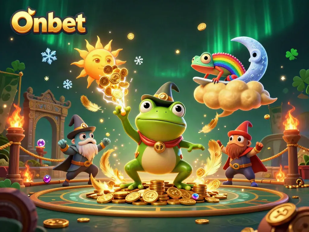 Onbet engaging players with a vibrant storm of golden coins in a festive 3D casino scene.