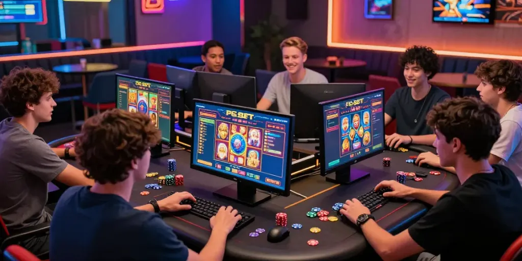 Players enjoying slot gacor games in a vibrant gaming lounge with modern lighting.
