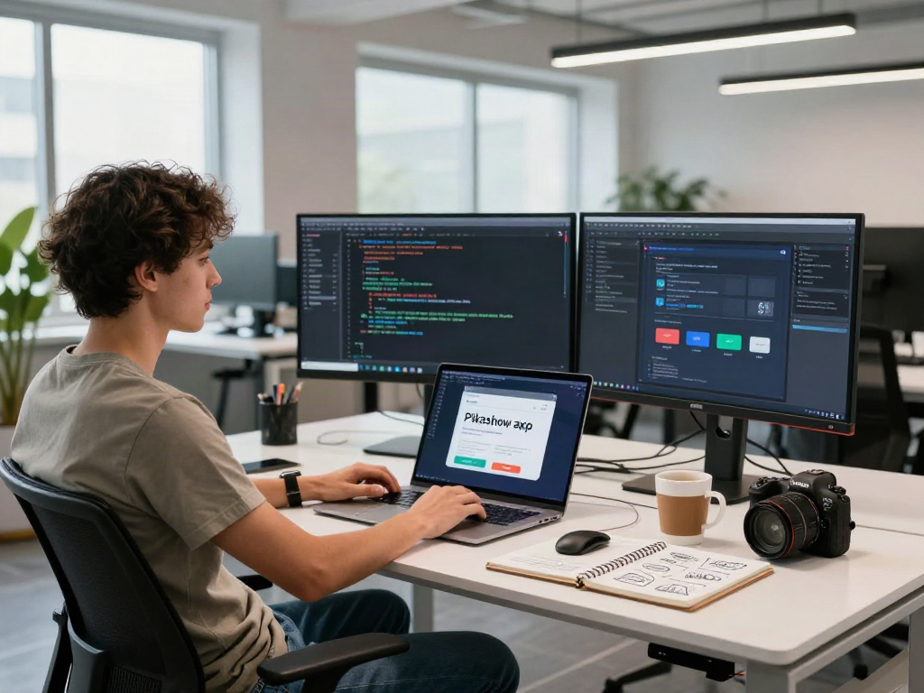 Pikashow apk interface displayed on laptop in a modern tech workspace with multiple monitors and bright lighting.