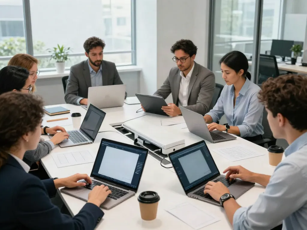 Collaborative team using document scanners in a modern office