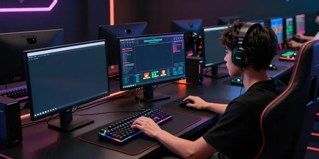 Engaged gamer accessing Daftar Dewatogel on multiple screens in a thrilling gaming setup.