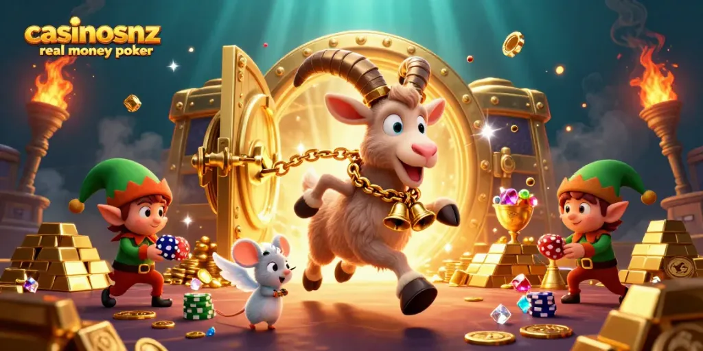 Experience the thrill of casinosnz real money poker amidst lively characters stealing poker chips.