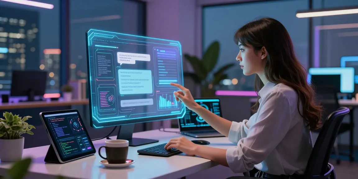 AI chat nsfw interface displayed on a holographic screen in a modern workspace.