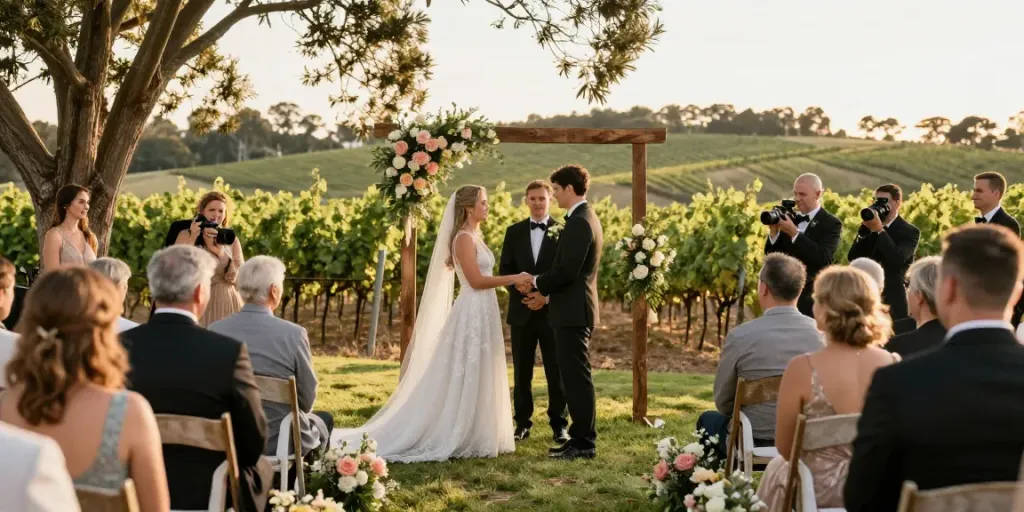 Pokolbin wedding photography captures an outdoor ceremony with lush vineyards and a couple exchanging vows at golden hour