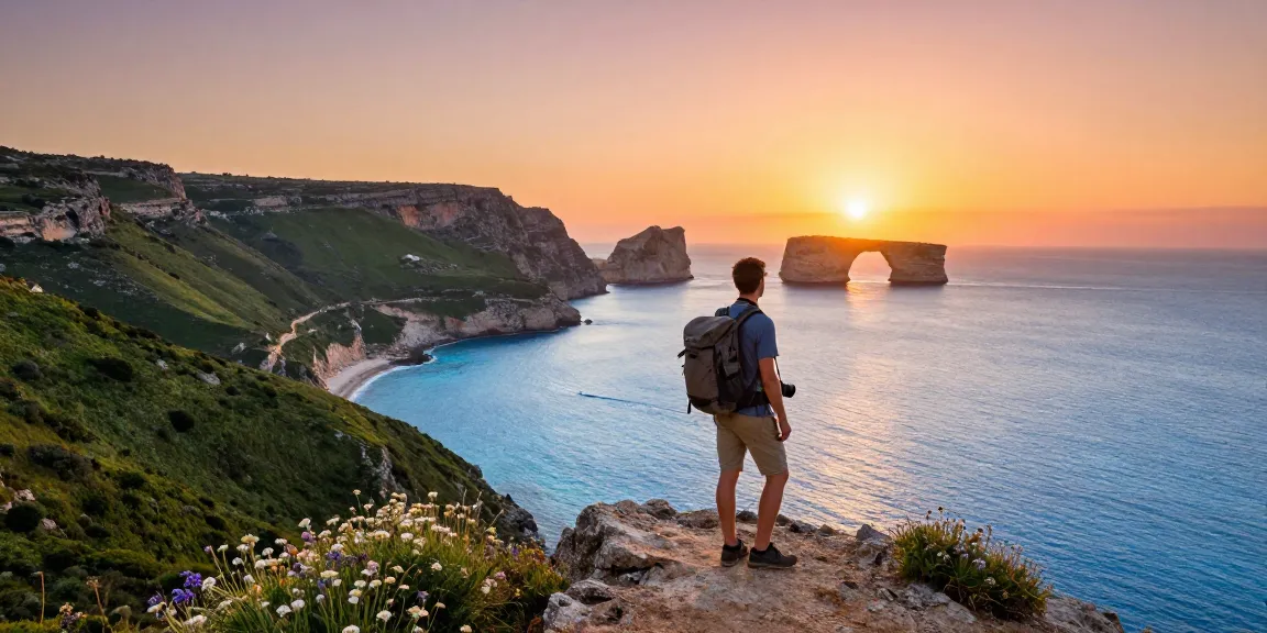 Stunning view of a traveler on Gozo's cliffs during a Malta Gozo tour, with vibrant sunset and ocean backdrop.