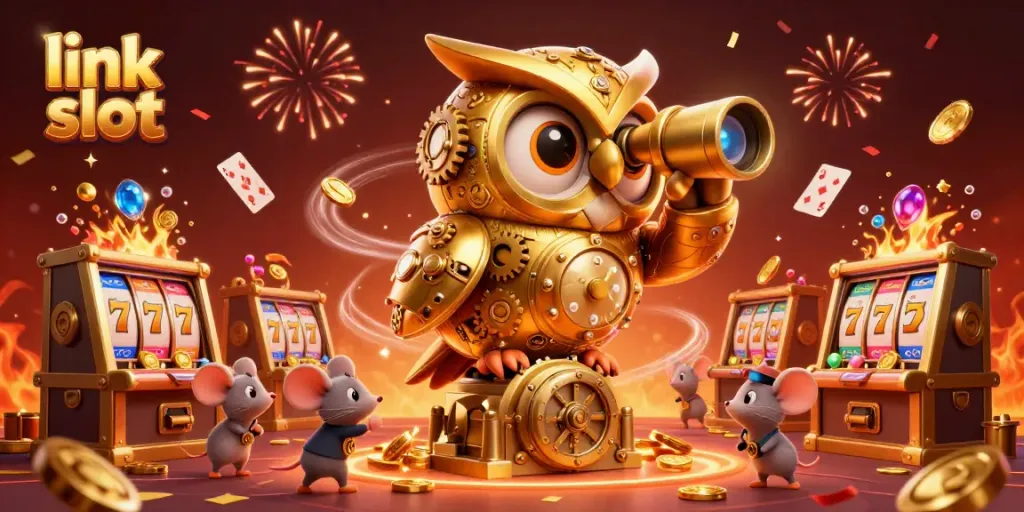 Experience thrilling excitement at link slot with animated characters playing amidst dazzling gold coins and vibrant decorations.