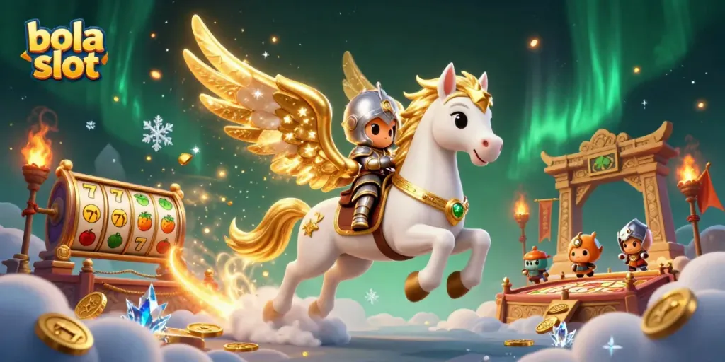 Experience the excitement of bola slot in a vibrant 3D scene with a knight and celestial horse.