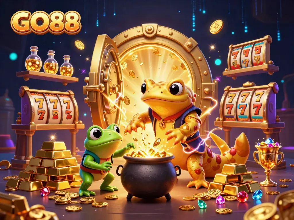 Experience the excitement of GO88 with golden rewards in a magical casino scene.
