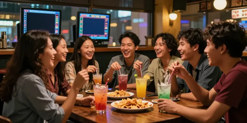 Suasana teman-teman menikmati malam yang meriah di bar dengan permainan dewitogel di layar, penuh tawa dan kebersamaan.