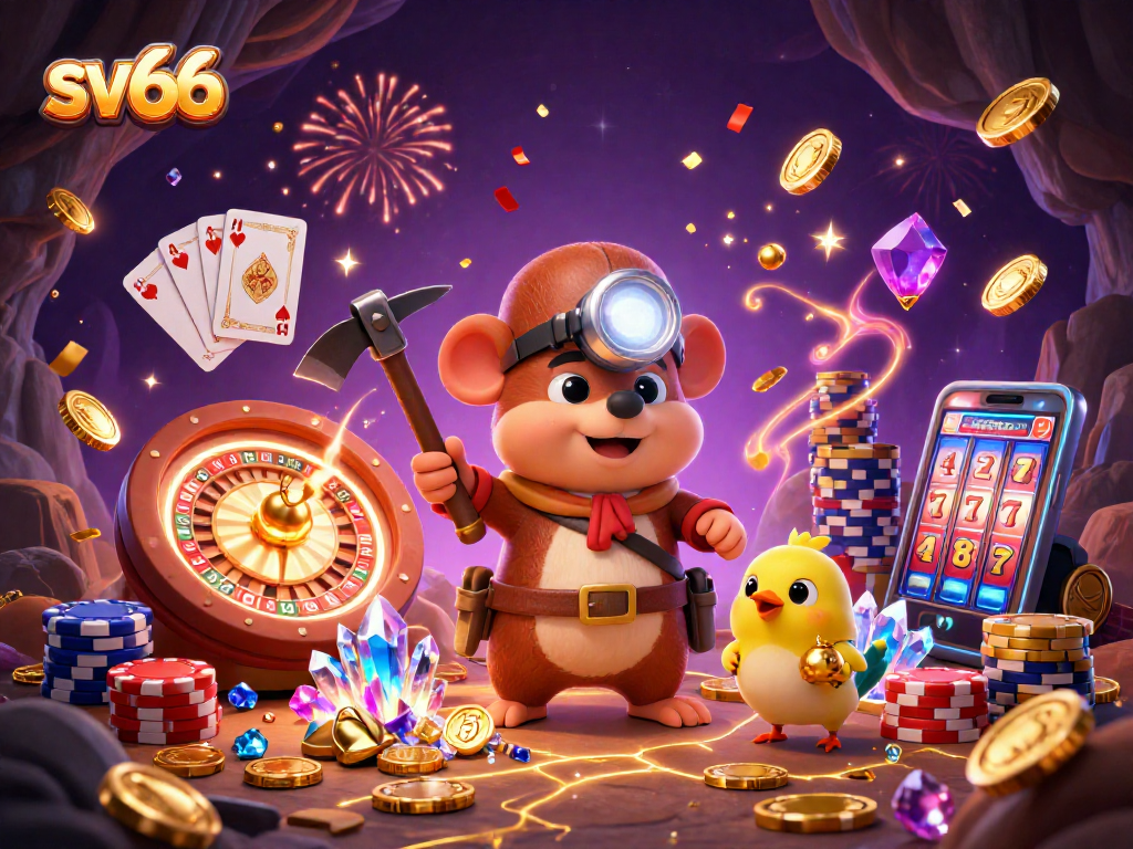 Experience excitement at sv66 with a treasure hunter mole amidst golden gems and casino elements.