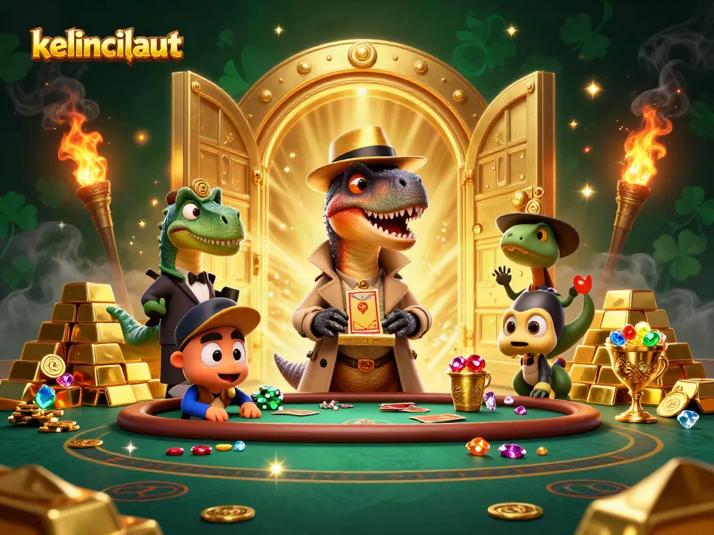 kelincilaut velociraptor card counter at blackjack, dynamic casino scene filled with treasure