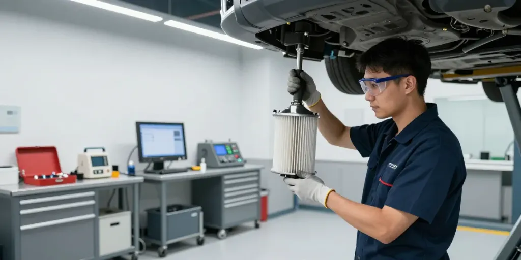 Professionelle DPF Reinigung in Hannover, Techniker prüft Dieselpartikelfilter.