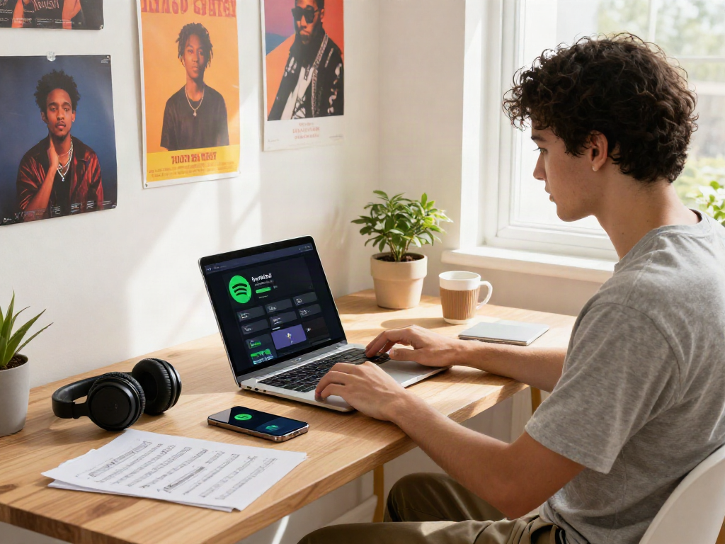 Exploring spotify mod options on a laptop in a vibrant home office.
