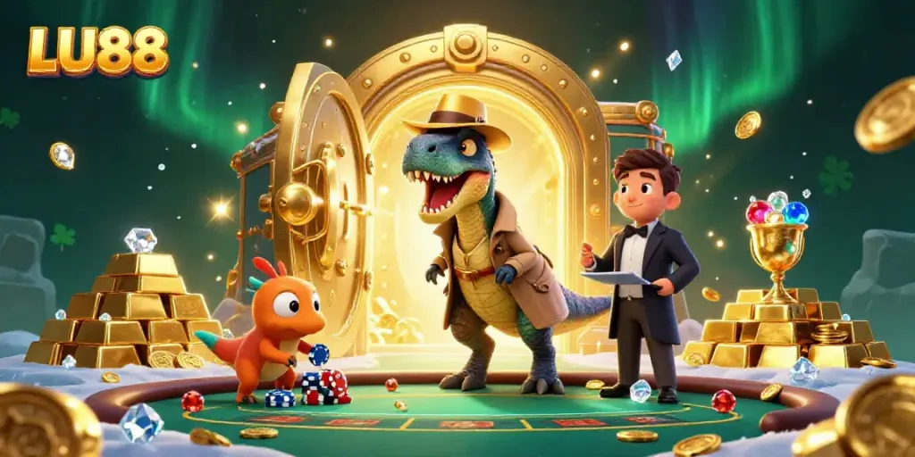 LU88 captivates players at a blackjack table with a velociraptor in disguise among sparkling treasures.